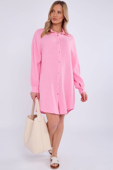 Pink Cotton Textured Oversized Long Shirt - Image 3