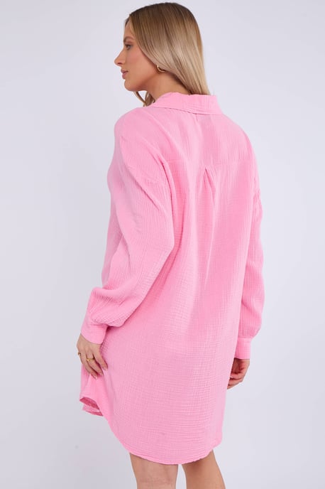 Pink Cotton Textured Oversized Long Shirt - Image 4