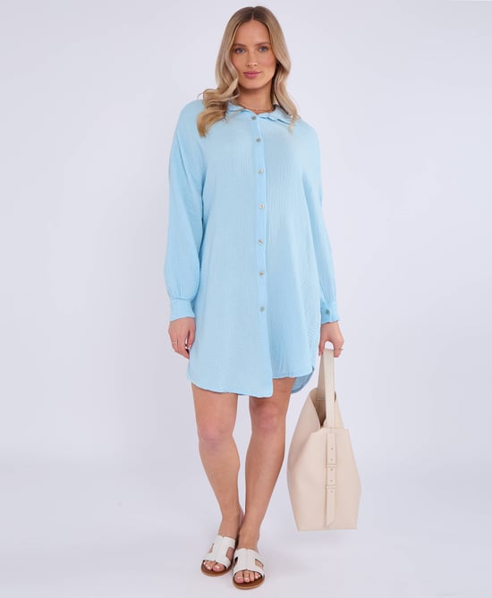 Blue Cotton Textured Oversized Long Shirt - Image 1