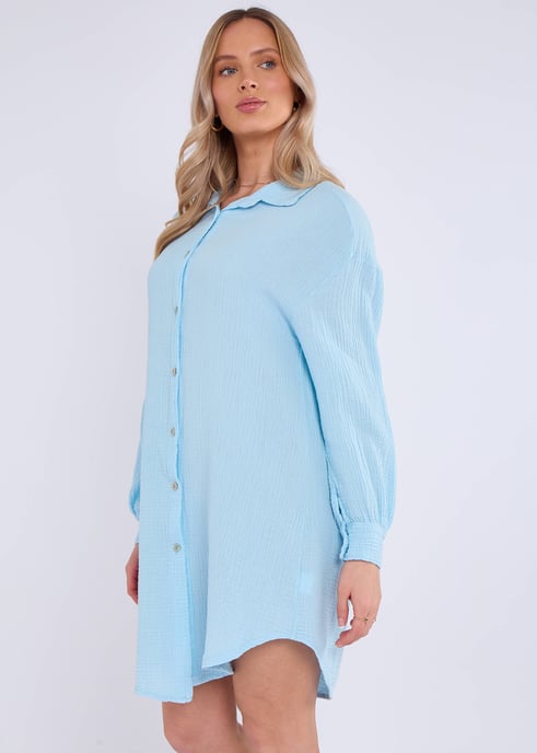 Blue Cotton Textured Oversized Long Shirt - Image 3
