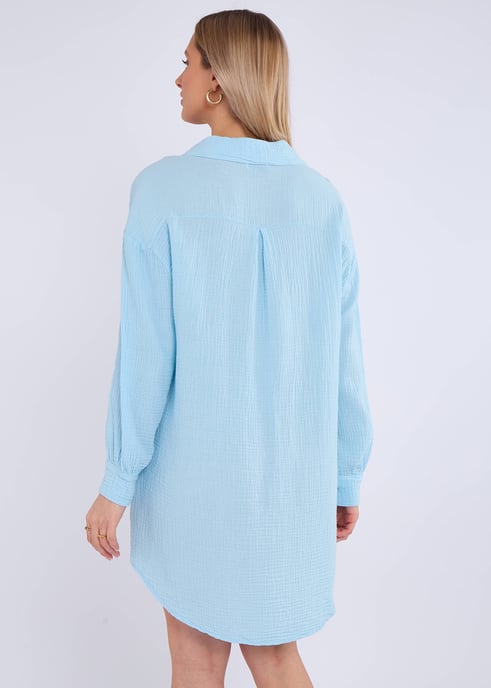 Blue Cotton Textured Oversized Long Shirt - Image 4