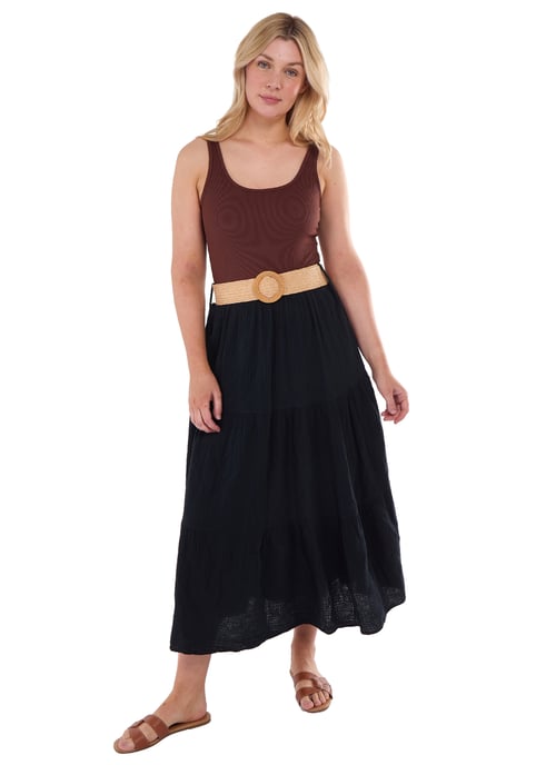 Black Cotton Seersucker Belted Maxi Skirt - Image 1
