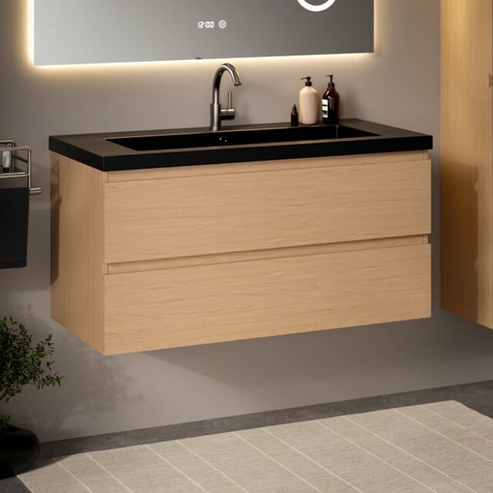 Mirlux Badkamermeubel sena 100cm licht eiken wastafel zwart - Image 1