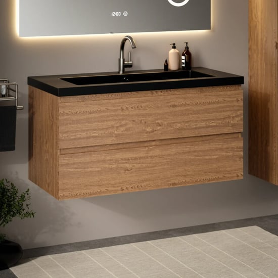 Mirlux Badkamermeubel sena 100cm warm eiken wastafel zwart - Image 1