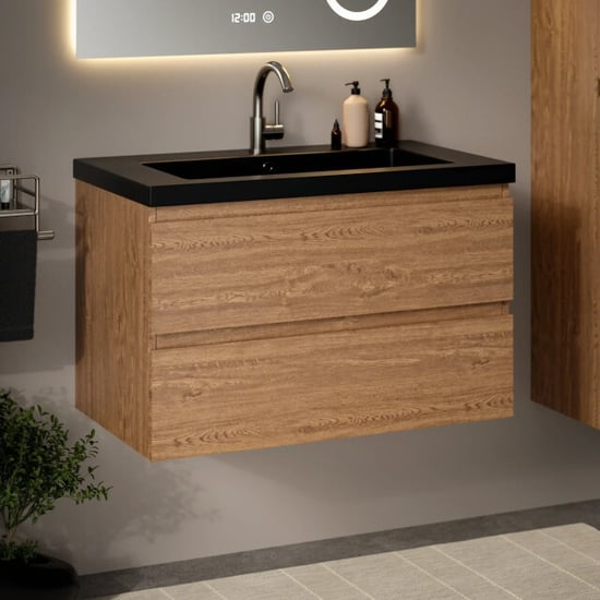Mirlux Badkamermeubel sova 80cm warm eiken wastafel zwart - Image 1