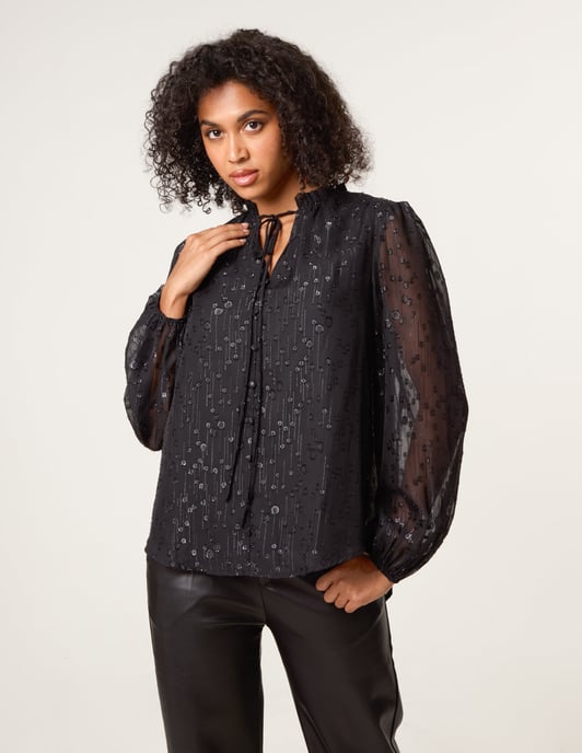 Jacquard Button And Tie Front Blouse - Image 1