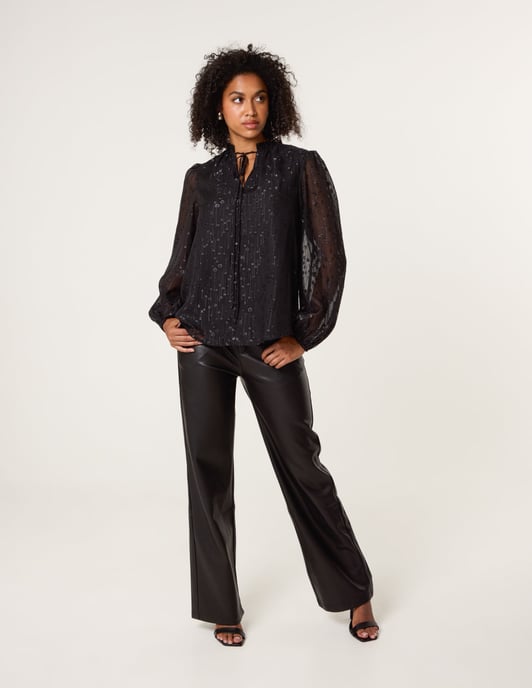 Jacquard Button And Tie Front Blouse - Image 2