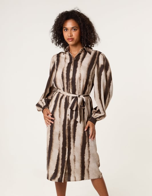 Printed Puff Sleeve Button Through Midi Dress - Image 1