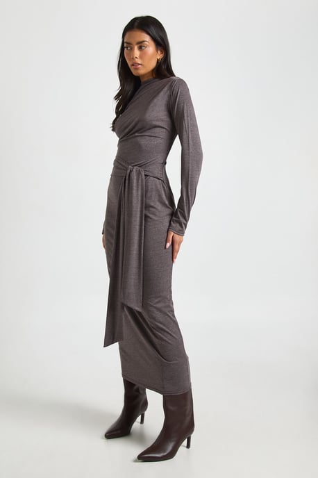 Marl Long Sleeve Tie Waist Midaxi Dress - Image 1
