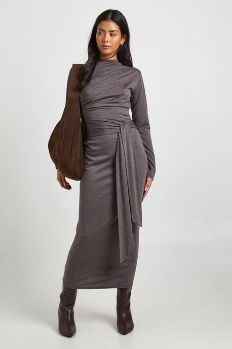 Marl Long Sleeve Tie Waist Midaxi Dress - Image 3