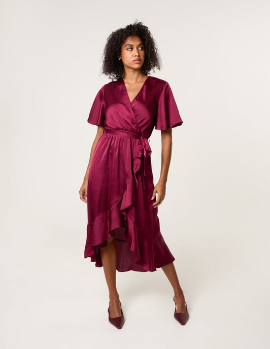Satin Wrap Frill High To Low Midi Dress - Image 1