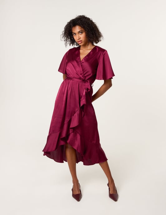 Satin Wrap Frill High To Low Midi Dress - Image 2