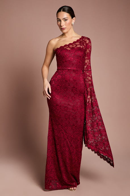 One Shoulder Cap Detail Lace Maxi Dress - Image 1