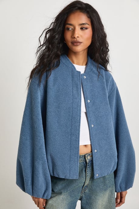 Balloon Sleeve Wool Look Bomber Jacket - Image 1