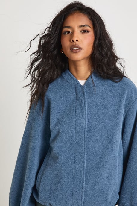 Balloon Sleeve Wool Look Bomber Jacket - Image 4