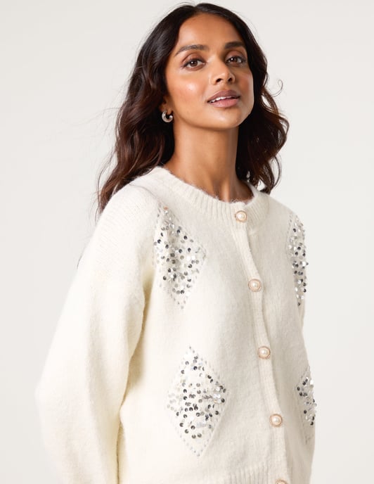 Diamante Sequin Brochure Button Front Cardigan - Image 3
