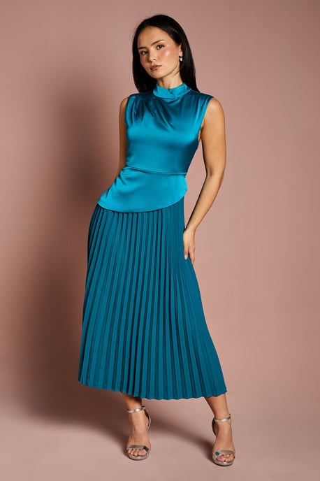 Petite Drape High Neck Pleated Skirt Midi Dress - Image 1