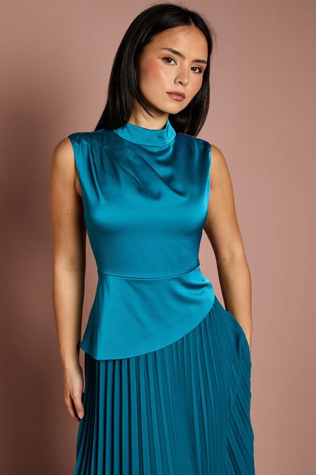 Petite Drape High Neck Pleated Skirt Midi Dress - Image 2
