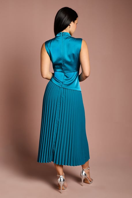 Petite Drape High Neck Pleated Skirt Midi Dress - Image 3