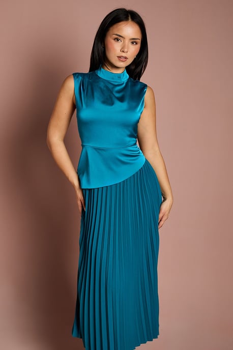 Petite Drape High Neck Pleated Skirt Midi Dress - Image 4
