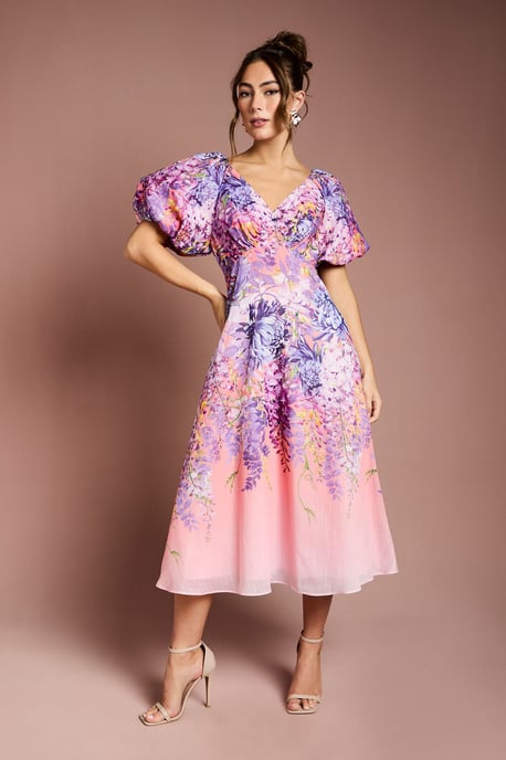 Floral Print Organza Puff Sleeve Midi Dress - Image 1