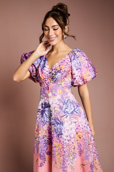 Floral Print Organza Puff Sleeve Midi Dress - Image 2