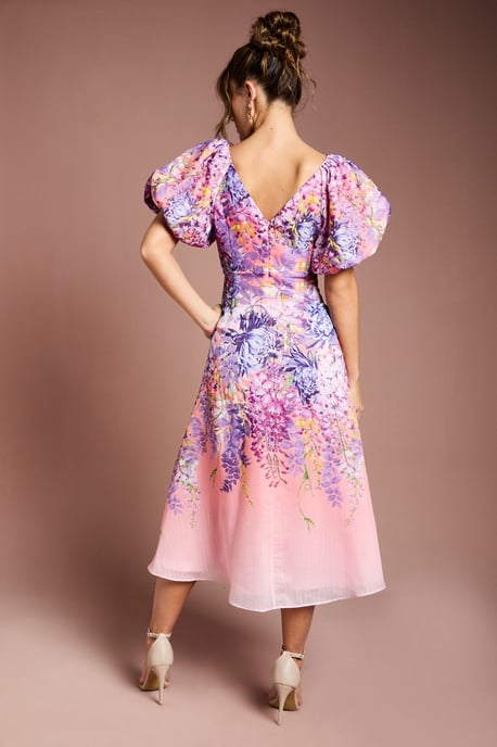 Floral Print Organza Puff Sleeve Midi Dress - Image 3