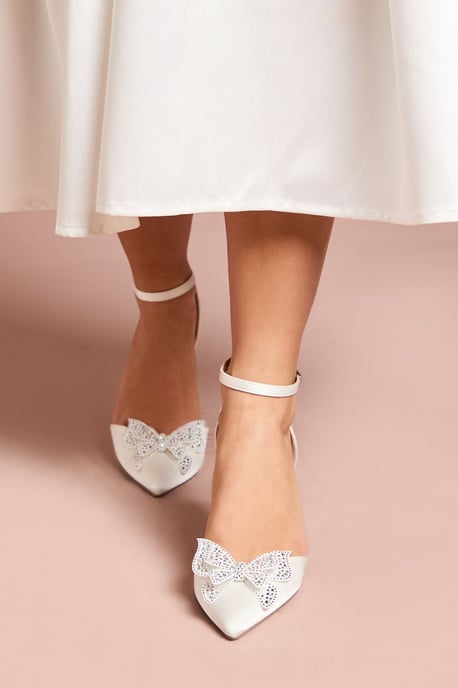 Bridal Poppy Satin Diamante Butterfly Trim Pointed High Stiletto Heel Court Shoes - Image 2