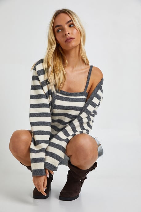 Super Soft Striped Knitted Boxy Fit Cardigan and Knitted Crop Top 2 Piece Set - Image 3