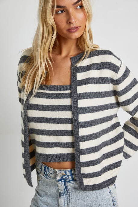 Super Soft Striped Knitted Boxy Fit Cardigan and Knitted Crop Top 2 Piece Set - Image 4