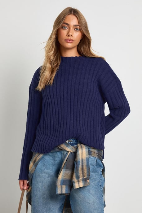 Rib Knit High Neck Longline Jumper - Image 1
