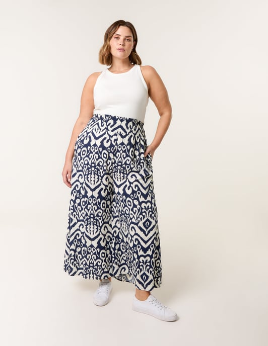 Curve Abstract Printed Shirred Waist Wide Leg Trousers - Image 1