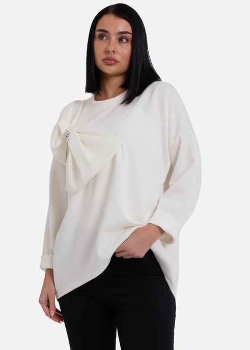 Cream Side Contrast Bow Oversized Jumper Top - Image 3