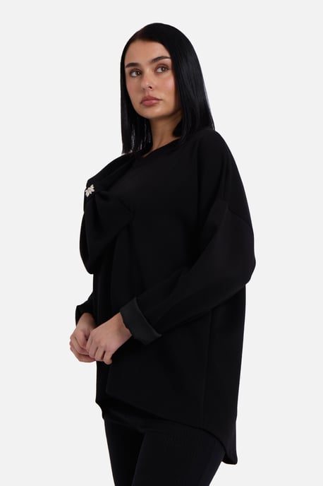 Black Side Contrast Bow Oversized Jumper Top - Image 3