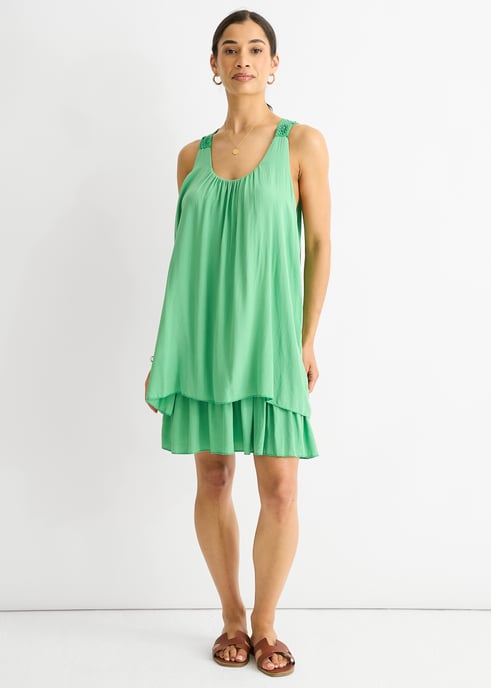 Green Crochet Panel Double Layer Cotton Mini Dress - Image 1