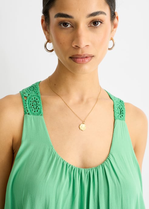 Green Crochet Panel Double Layer Cotton Mini Dress - Image 2