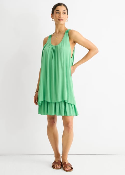 Green Crochet Panel Double Layer Cotton Mini Dress - Image 3