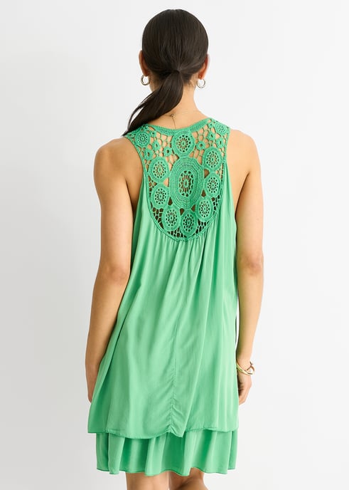 Green Crochet Panel Double Layer Cotton Mini Dress - Image 4