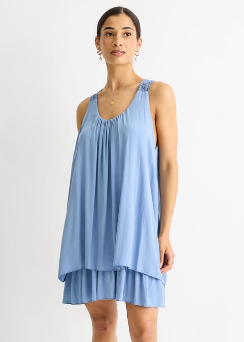 Denim Crochet Panel Double Layer Cotton Mini Dress - Image 3
