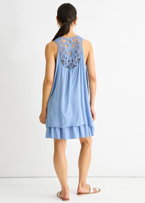 Denim Crochet Panel Double Layer Cotton Mini Dress - Image 4