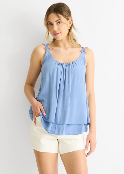 Oversized topp i denim med blommiga axelband - Image 2