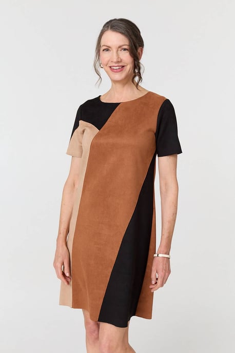 Brown Colour Block Short Sleeve Midi Dress - Image 1
