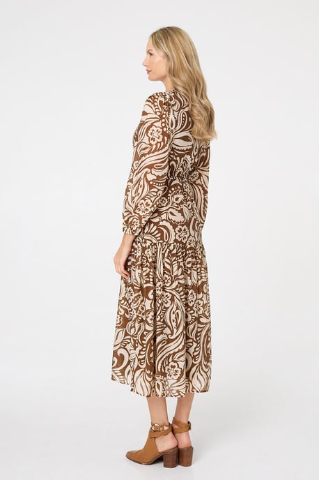 Brown Printed Layered Long Sleeve Maxi Dress - Image 3