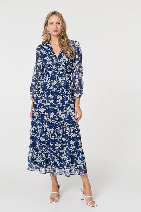 Navy Leaf Print Sheer Layer Empire Maxi Dress - Image 1