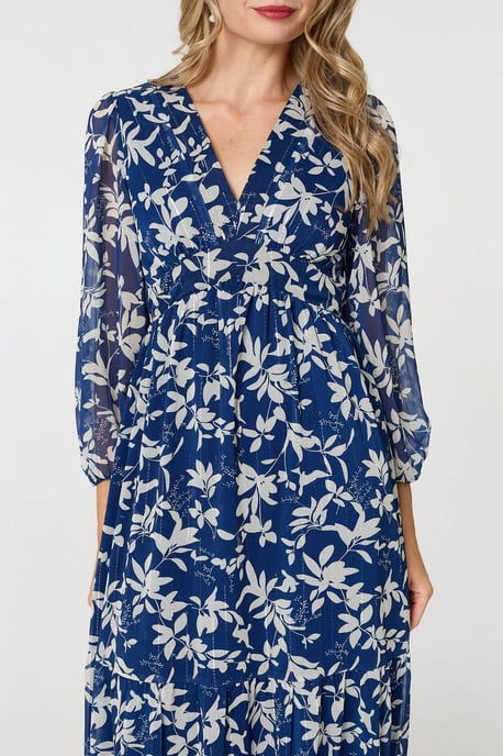 Navy Leaf Print Sheer Layer Empire Maxi Dress - Image 2