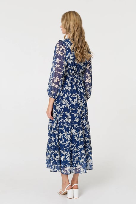 Navy Leaf Print Sheer Layer Empire Maxi Dress - Image 3
