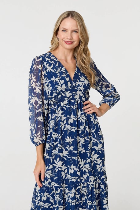 Navy Leaf Print Sheer Layer Empire Maxi Dress - Image 4