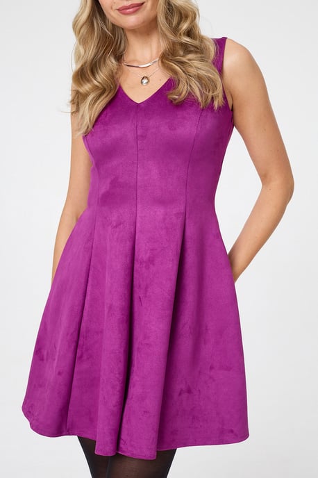Purple Faux Suede Knee Length Skater Dress - Image 6