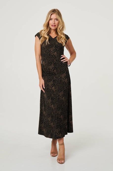 Black Polka Dot Cap Sleeve A-Line Maxi Dress - Image 1