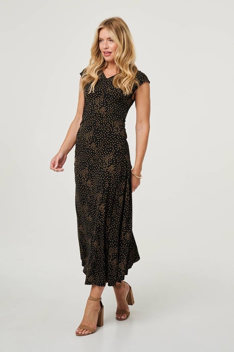 Black Polka Dot Cap Sleeve A-Line Maxi Dress - Image 5